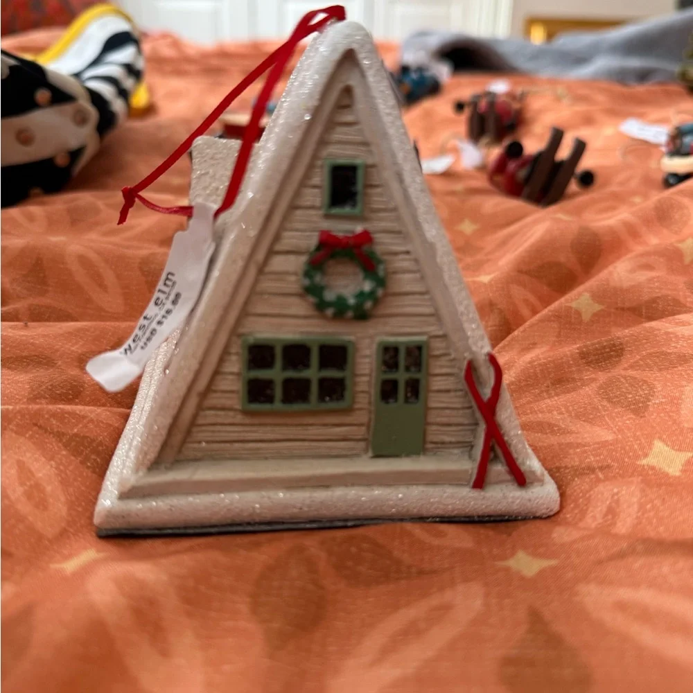NWT - West Elm Charming Holiday House Ornament - White and Green